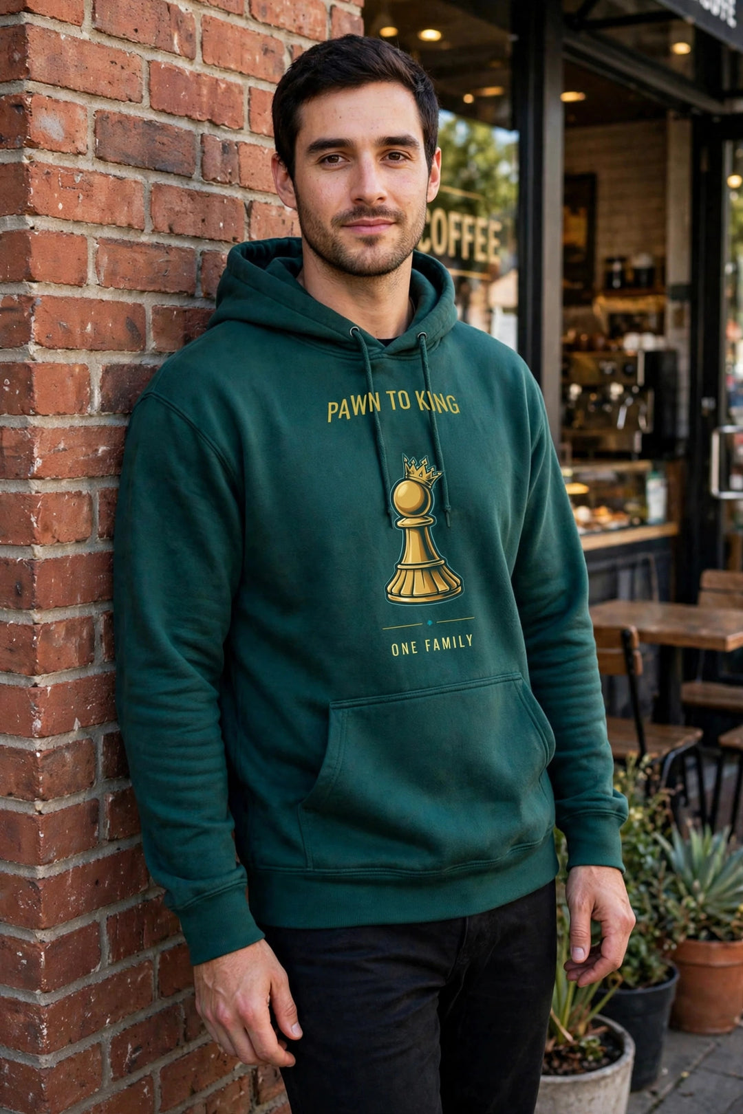 Pawn to King Crowned Pawn Hoodie Deep Teal worn - photorealistic photo