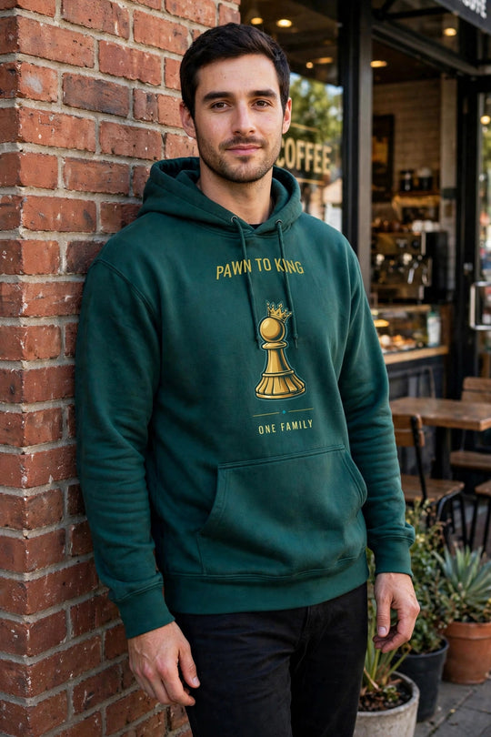 Pawn to King Crowned Pawn Hoodie Deep Teal worn - photorealistic photo