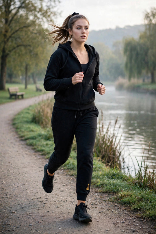 Pawn to King Joggers worn - photorealistic lakeside photo