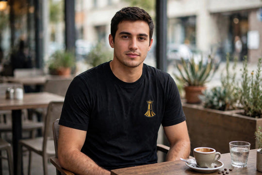 Pawn to King Tee worn - photorealistic cafe photo