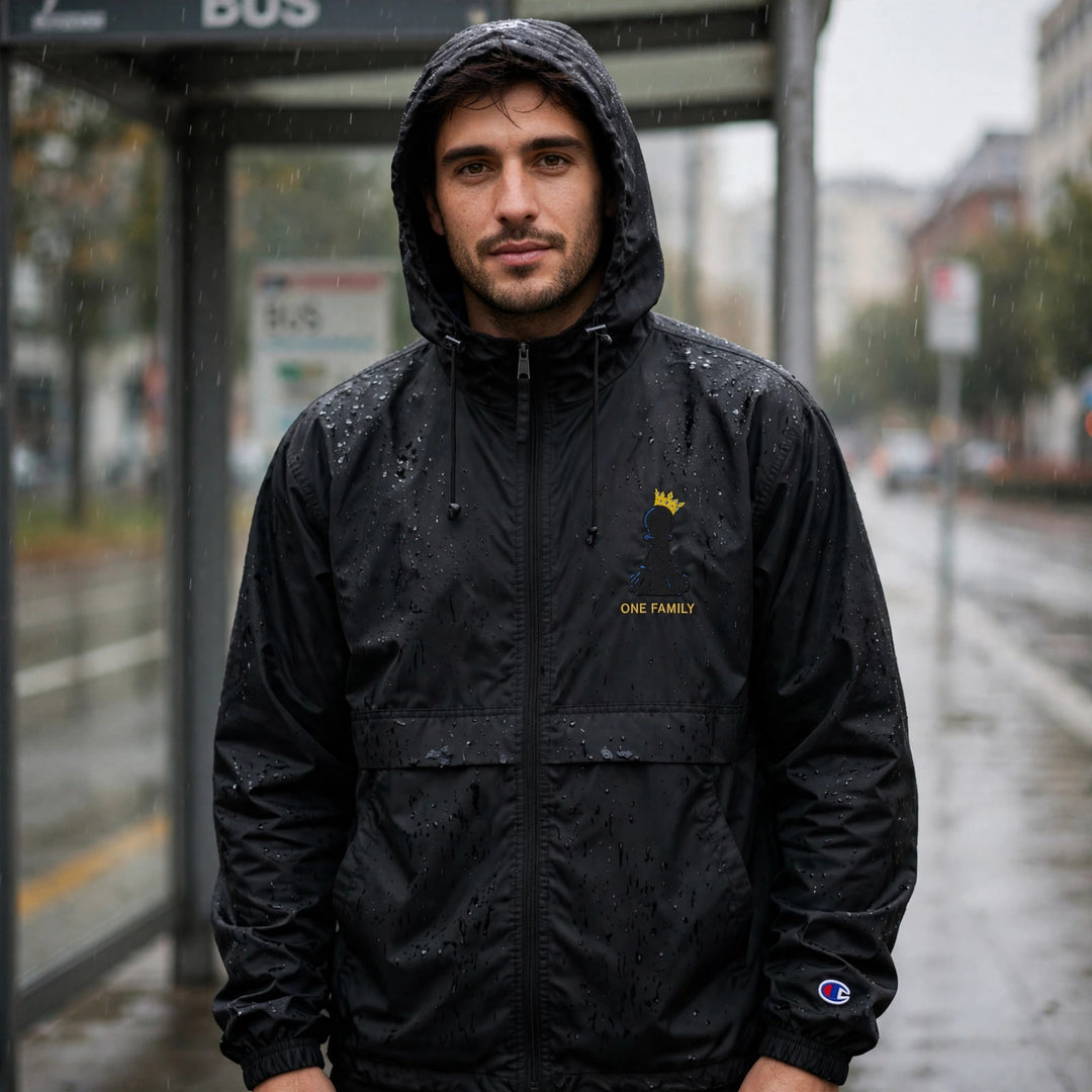 One Family Packable Windbreaker Black worn - photorealistic rain photo