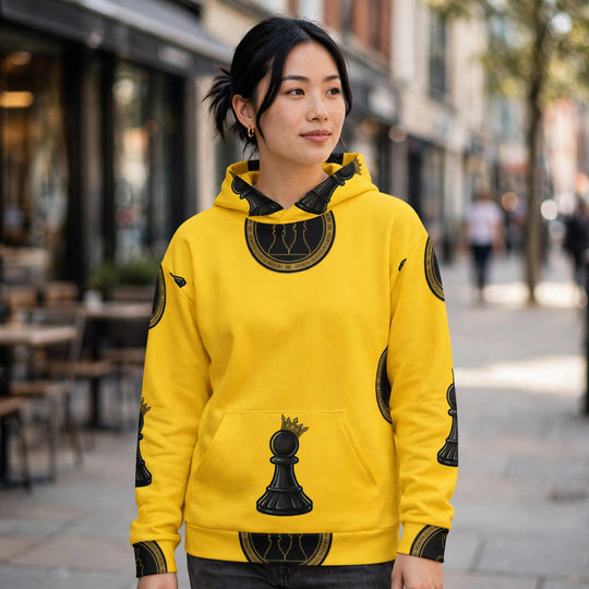 Yellow all-over-print hoodie with black Duo Seal medallion and crowned pawn, city sidewalk