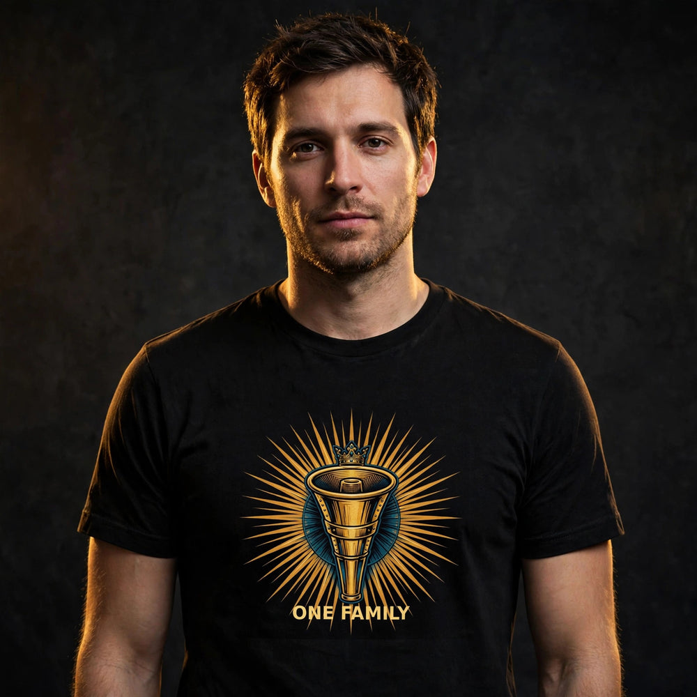 One Family Tee - The Crowned Mic — One Family merch, crowned mic emblem, black and gold