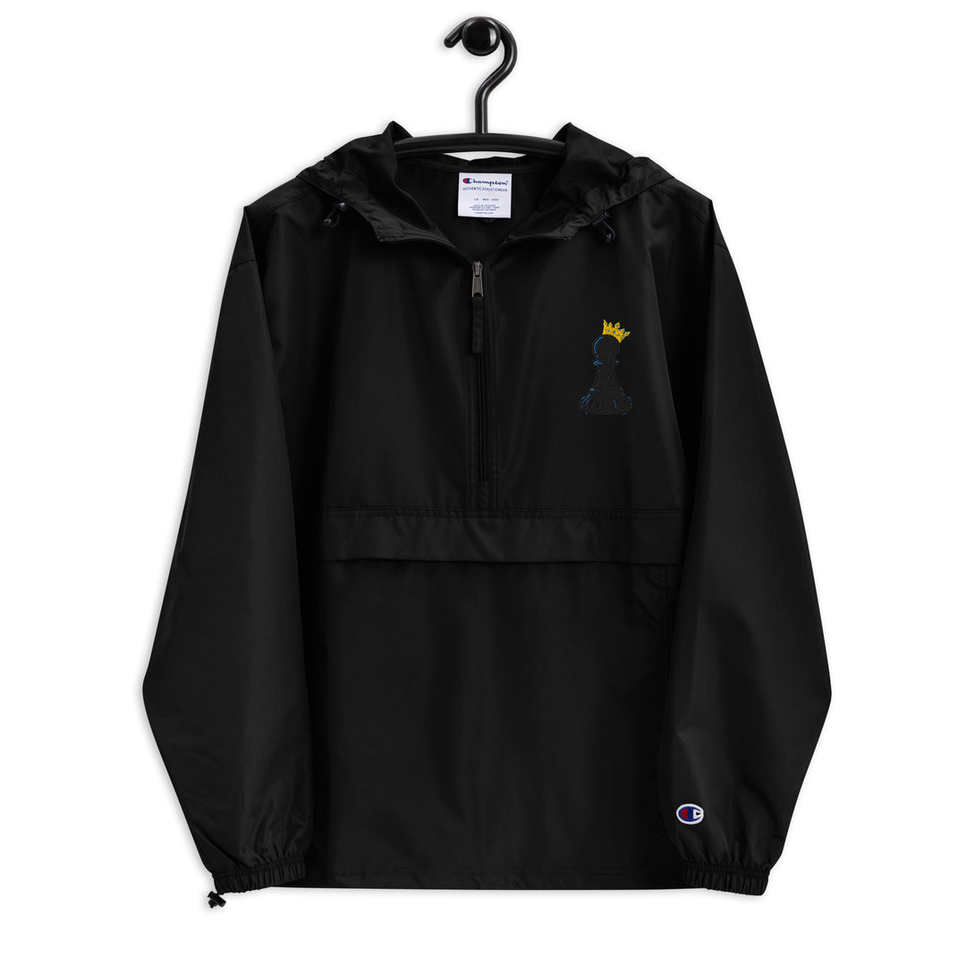 One Family Packable Windbreaker — Black, gold crowned pawn embroidered on chest