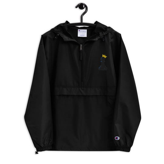 One Family Packable Windbreaker — Black, gold crowned pawn embroidered on chest