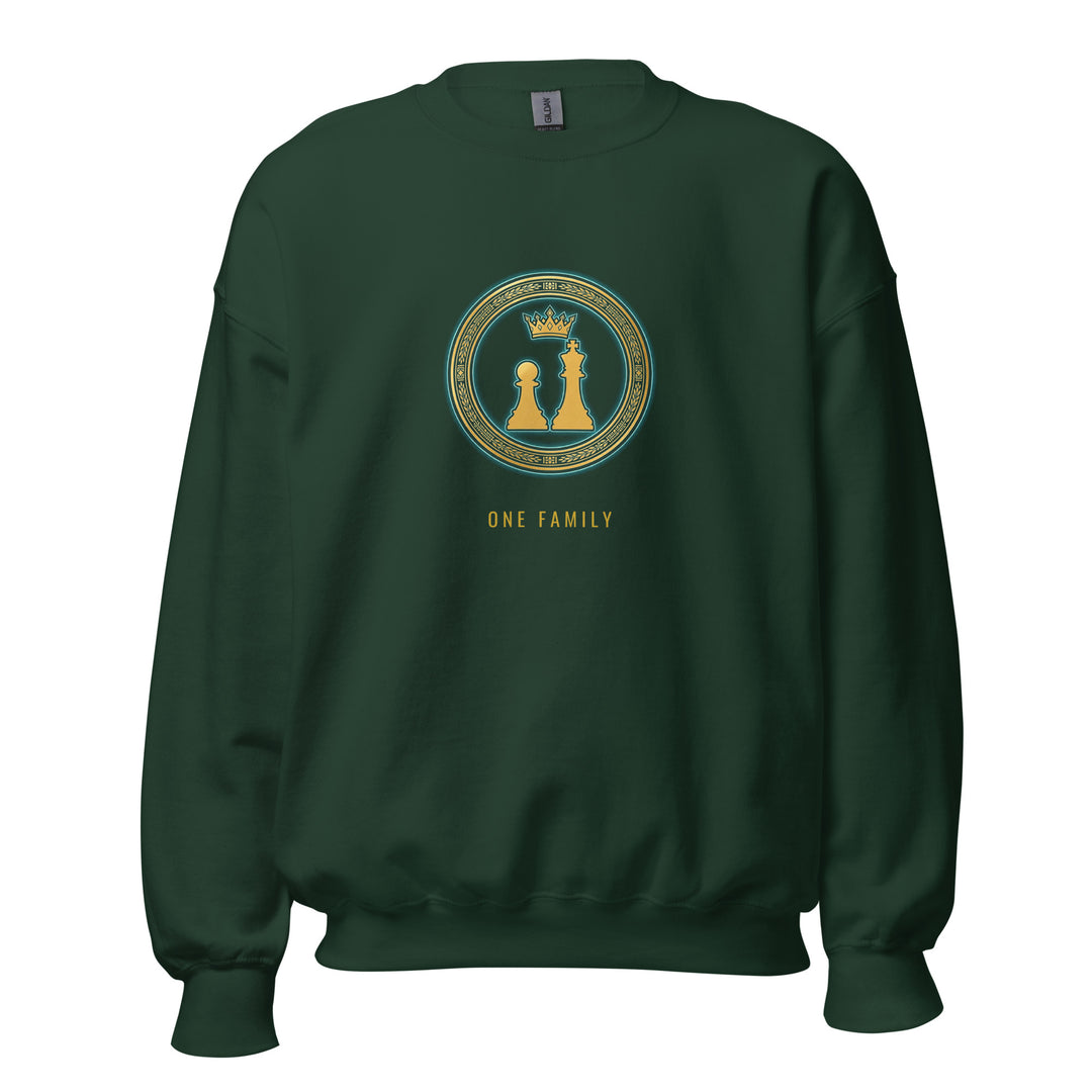Pawn to King Duo Seal Crewneck — One Family (Deep Teal) — One Family merch, gold duo seal emblem, forest green and gold