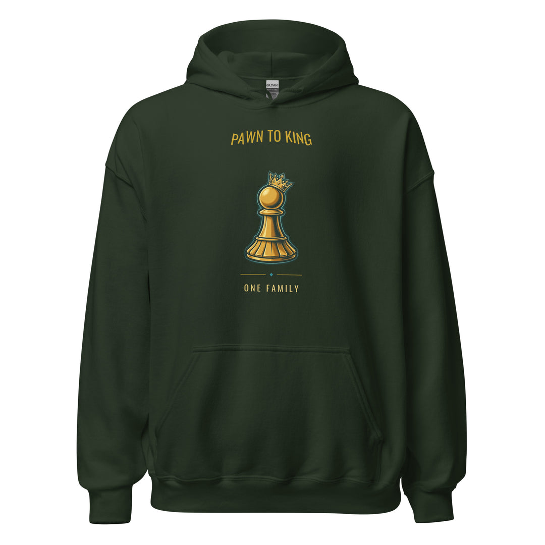 Pawn to King Crowned Pawn Hoodie — One Family (Deep Teal) — One Family merch, gold crowned pawn emblem, forest green and gold